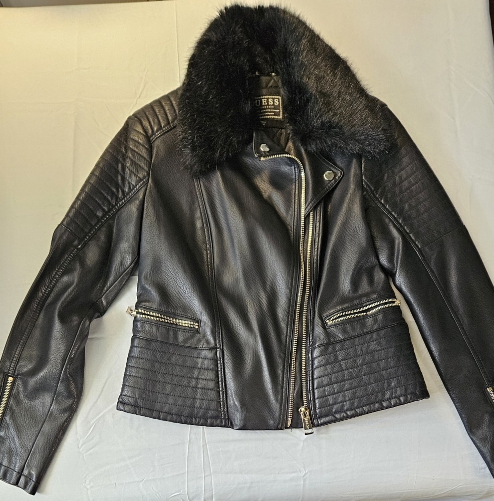 GUESS Black Faux Leather Jacket with Fur Collar